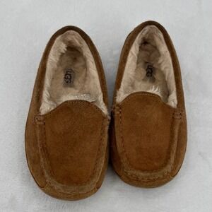 UGG Kids Ascot Suede Moccasin Slippers Chestnut Brown Sheepskin  Shoes Size 1